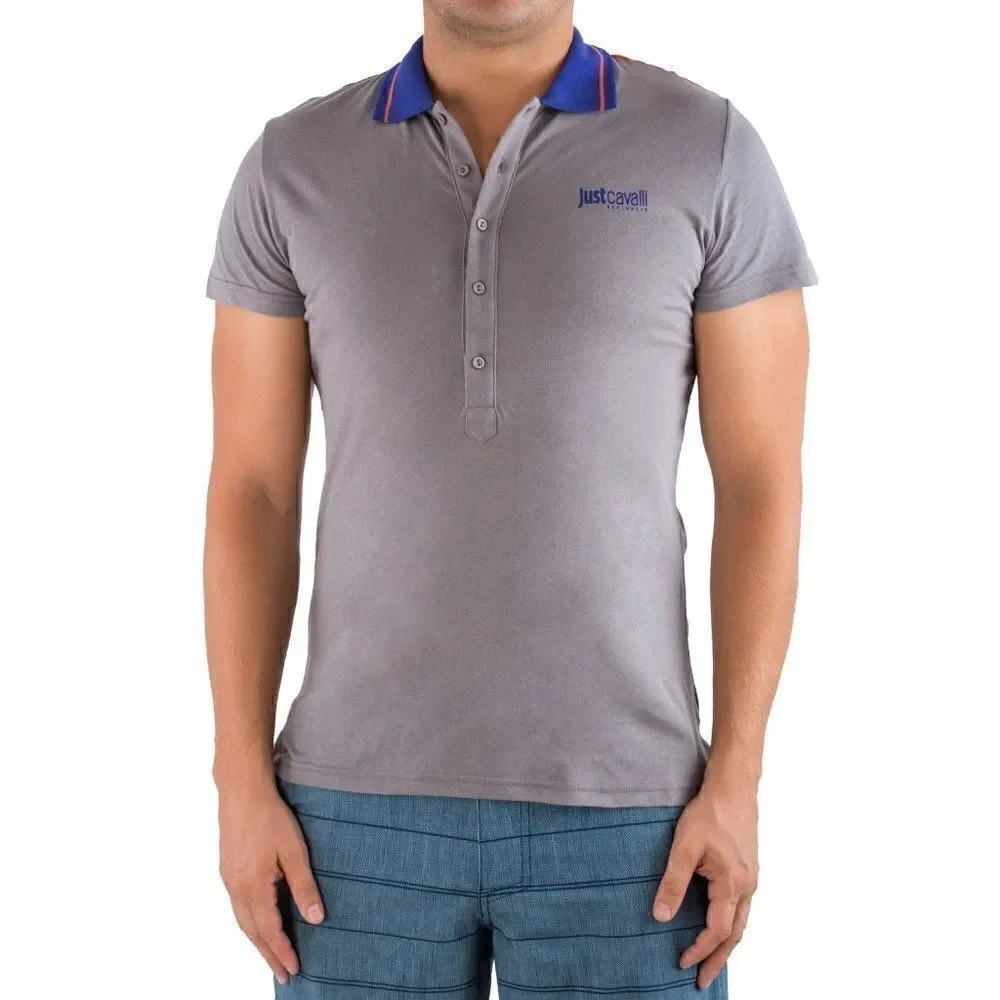 Just Cavalli Men Short Sleeve Gray Logo Print Cotton Beach Polo Shirt Tee US XS - Picture 3 of 5